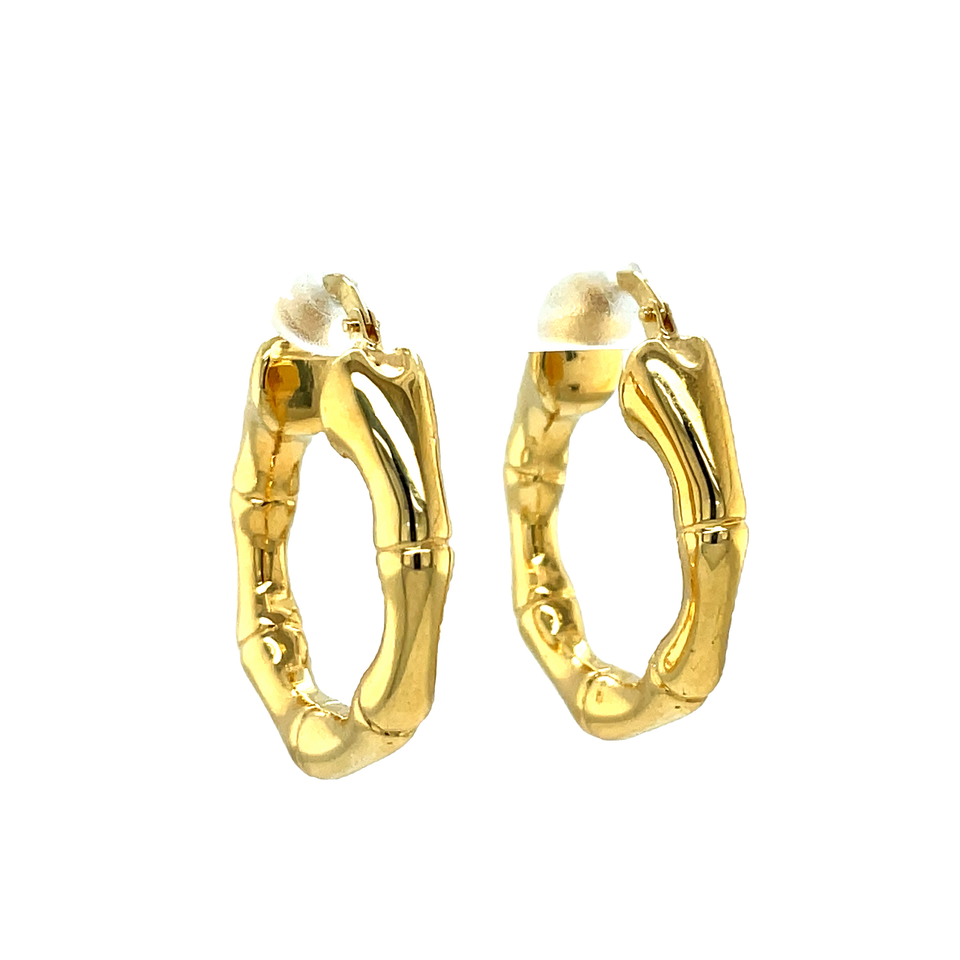 14k Italian Yellow Gold Bamboo Style Hoop Earrings Side view 