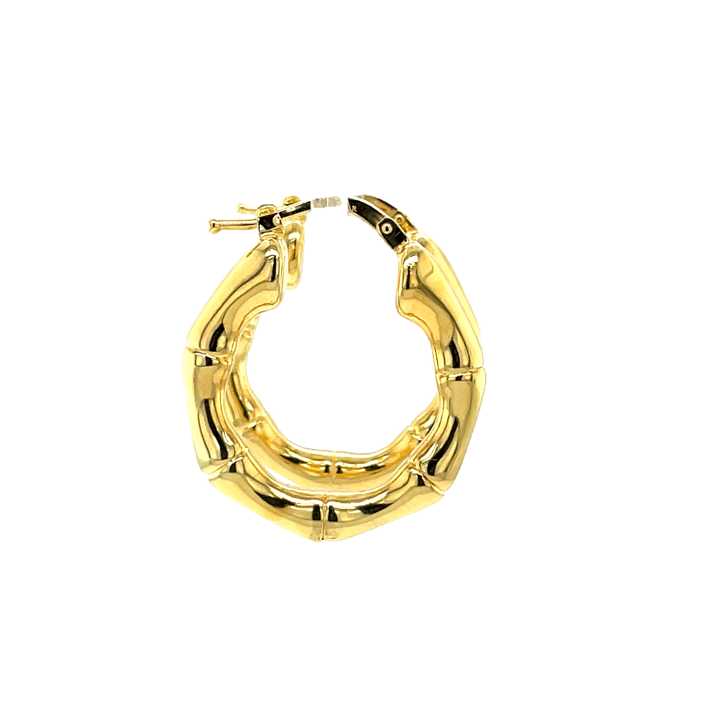 14k Italian Yellow Gold Bamboo Style Hoop Earrings Profile View