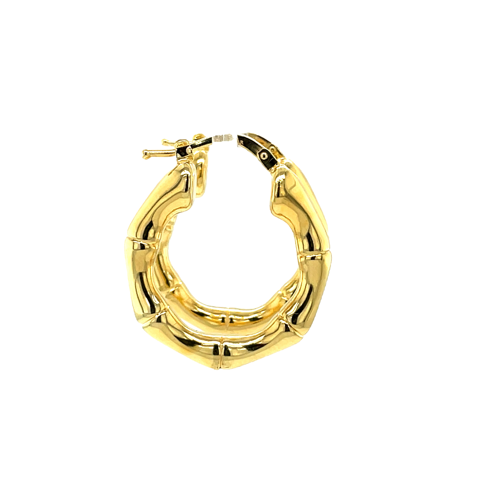 14k Italian Yellow Gold Bamboo Style Hoop Earrings Profile View