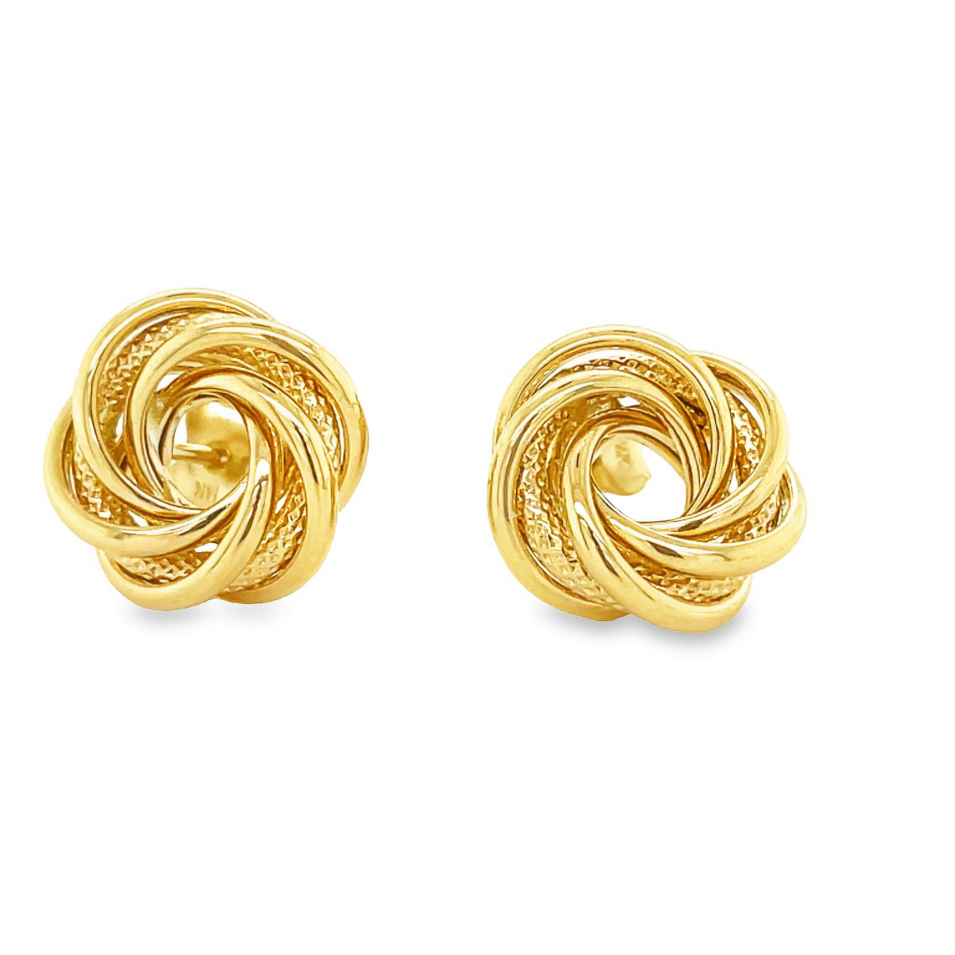 Front view of 14k Yellow Gold Corrugated Finish Love Knot Earrings 13.00 mm