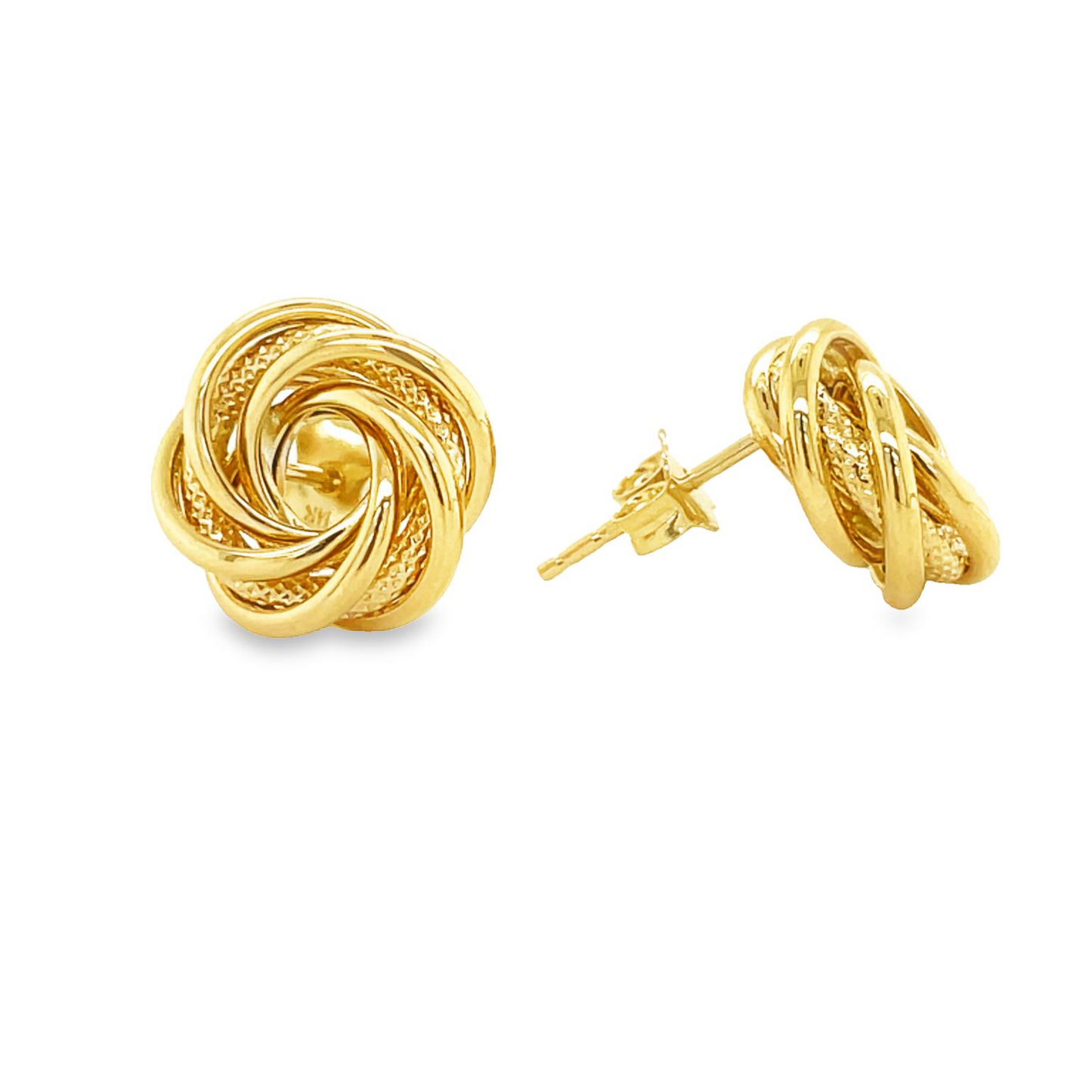 Front and side view of 14k Yellow Gold Corrugated Finish Love Knot Earrings 13.00 mm