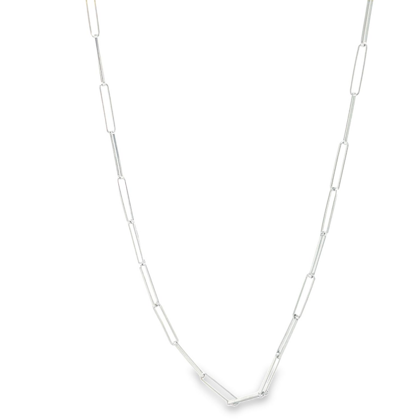 14K White Gold Thin Paperclip Link Necklace 20" Front view 
