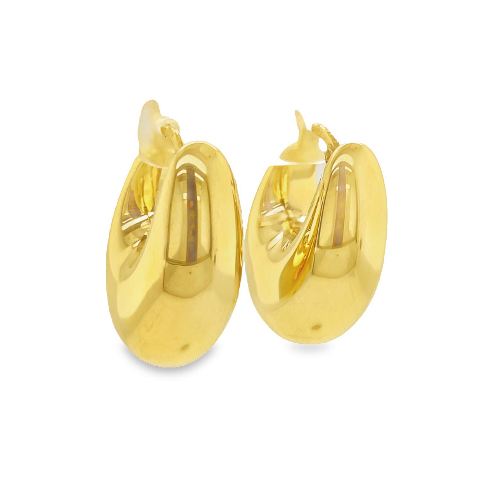 14k Italian Yellow Gold Puff Tapered Hoop Earrings Side view 