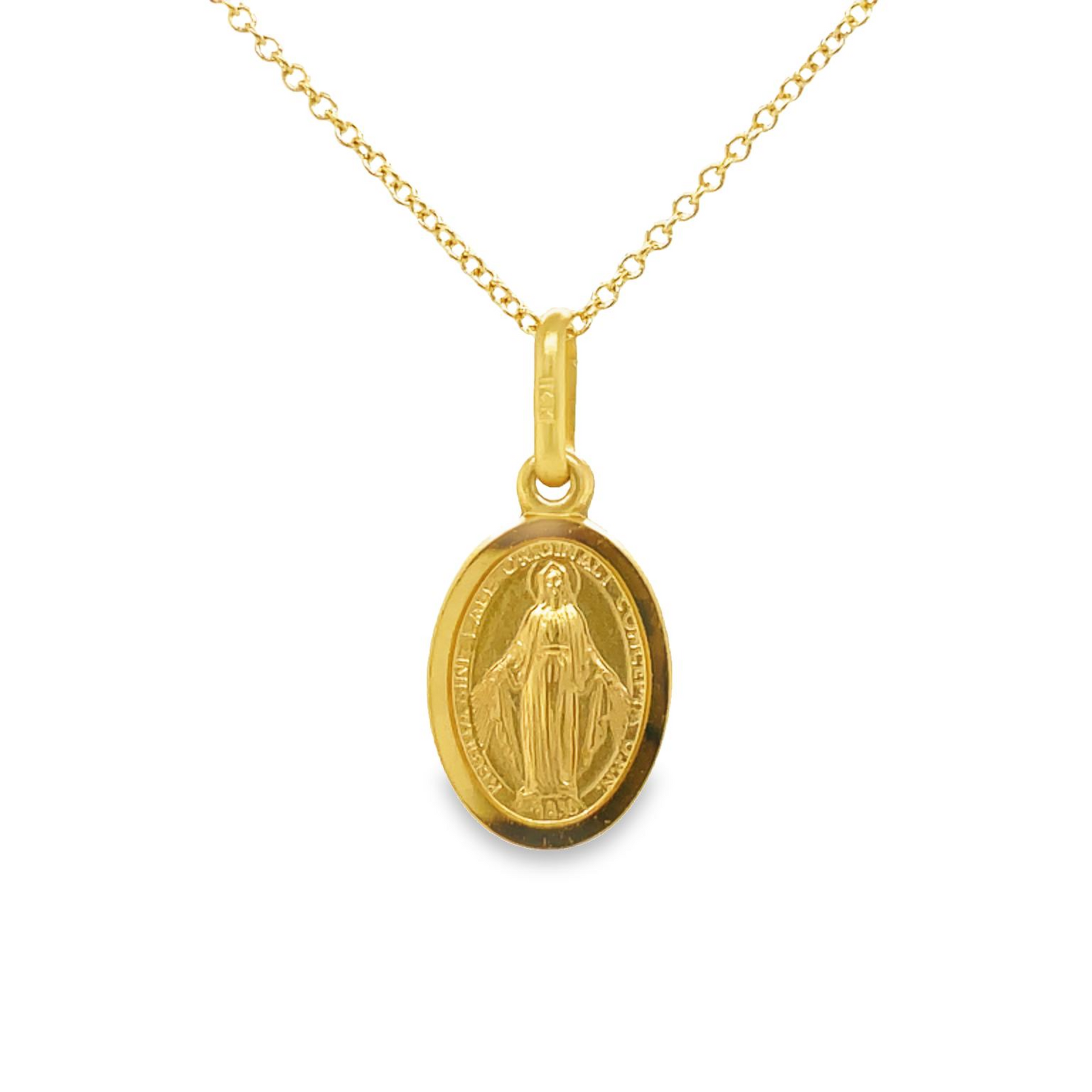 Small 14k Italian Yellow Gold Miraculous Medal Oval Pendant  16.00 x 10.00 mm Front view
