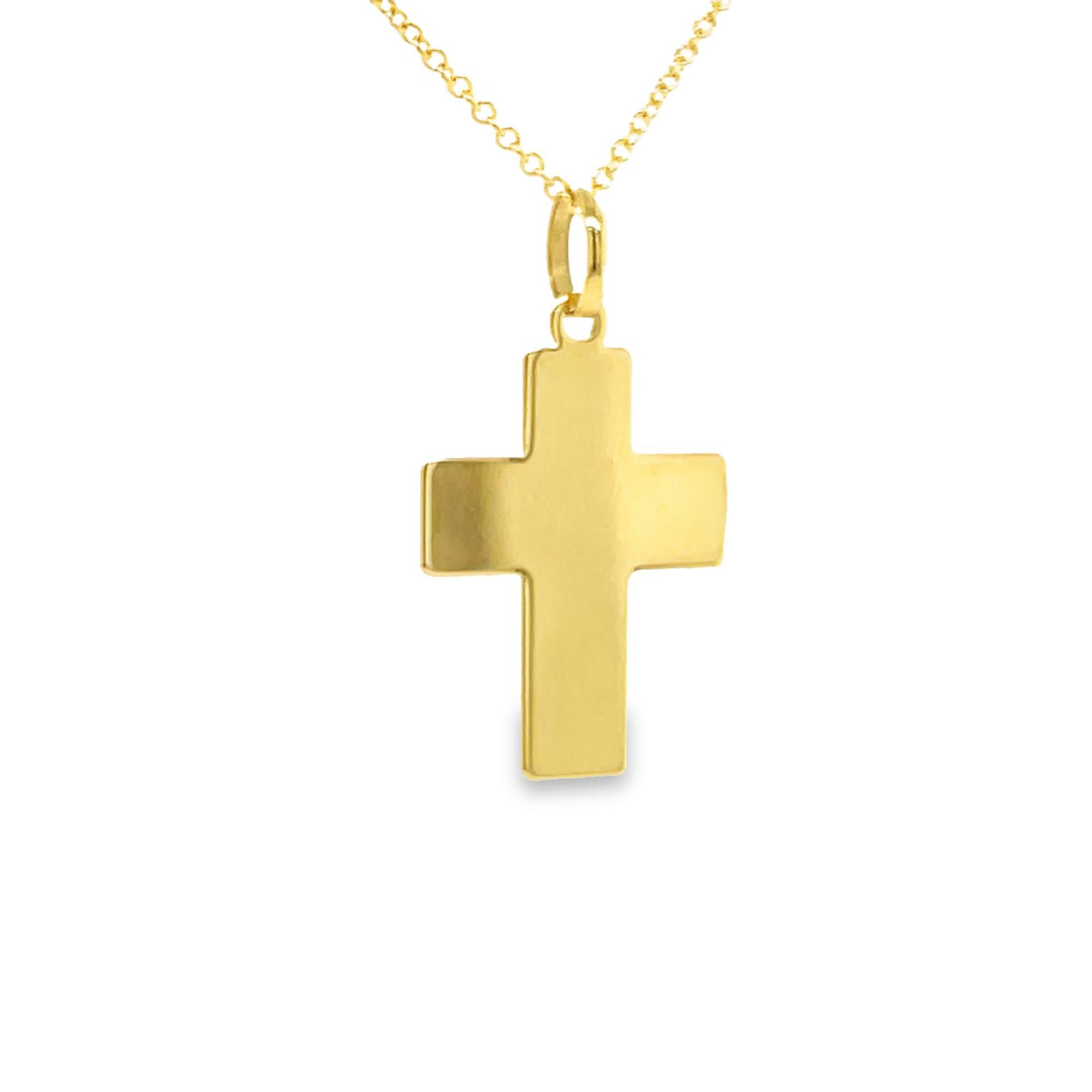 This 14k Italian yellow gold cross showcases the finest craftsmanship and durability with a flat design. The 18.00 x 14.00 mm size and 0.50 mm thickness create a resilient and eye-catching look, completed by a 5.50 mm bail for secure wear. Experience the timeless style and quality of this impressive piece for years ahead.