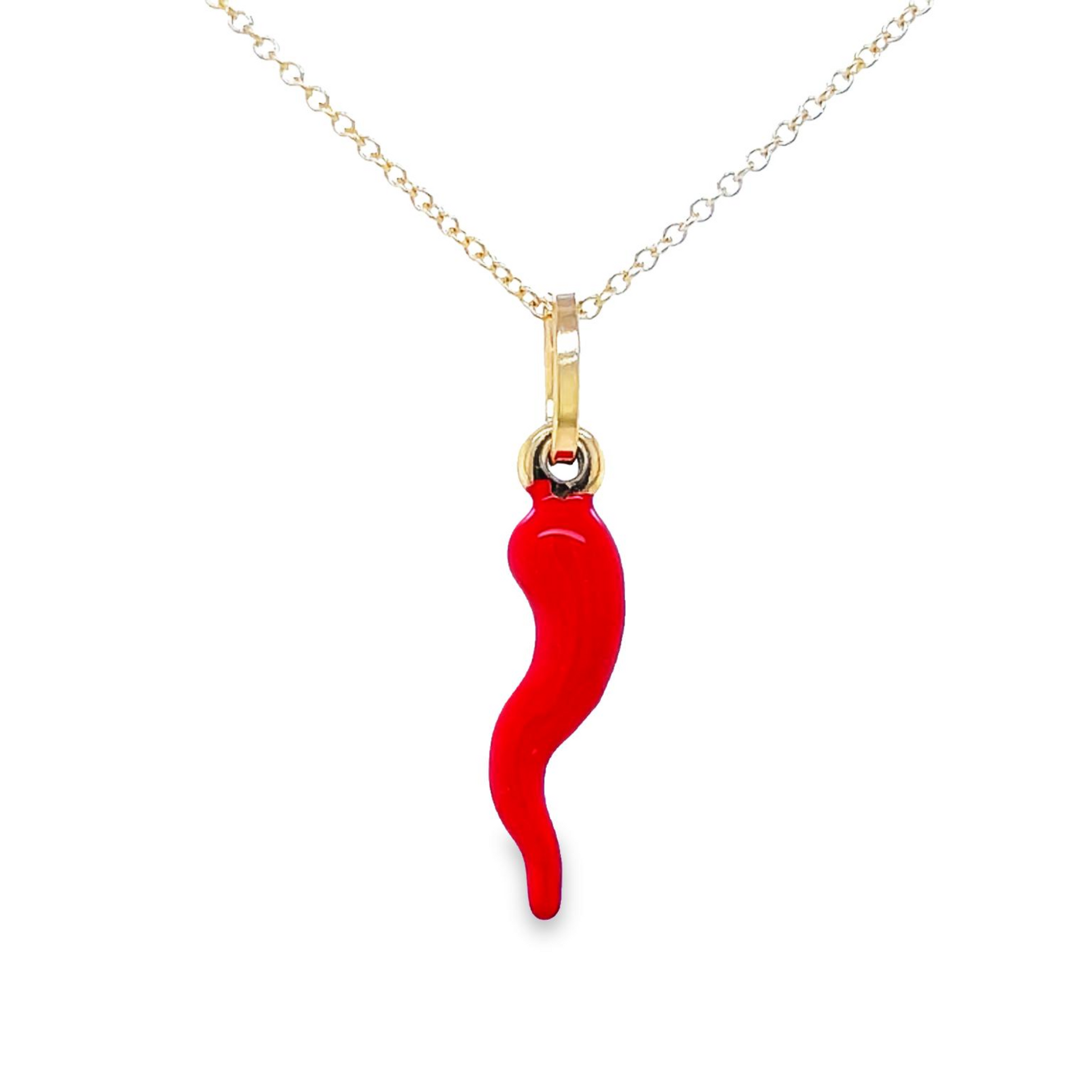 Front view of 14k Italian Gold Enamel Cornicello Horn Pendant Necklace