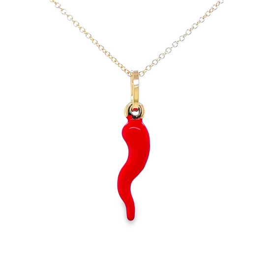 Front view of 14k Italian Gold Enamel Cornicello Horn Pendant Necklace