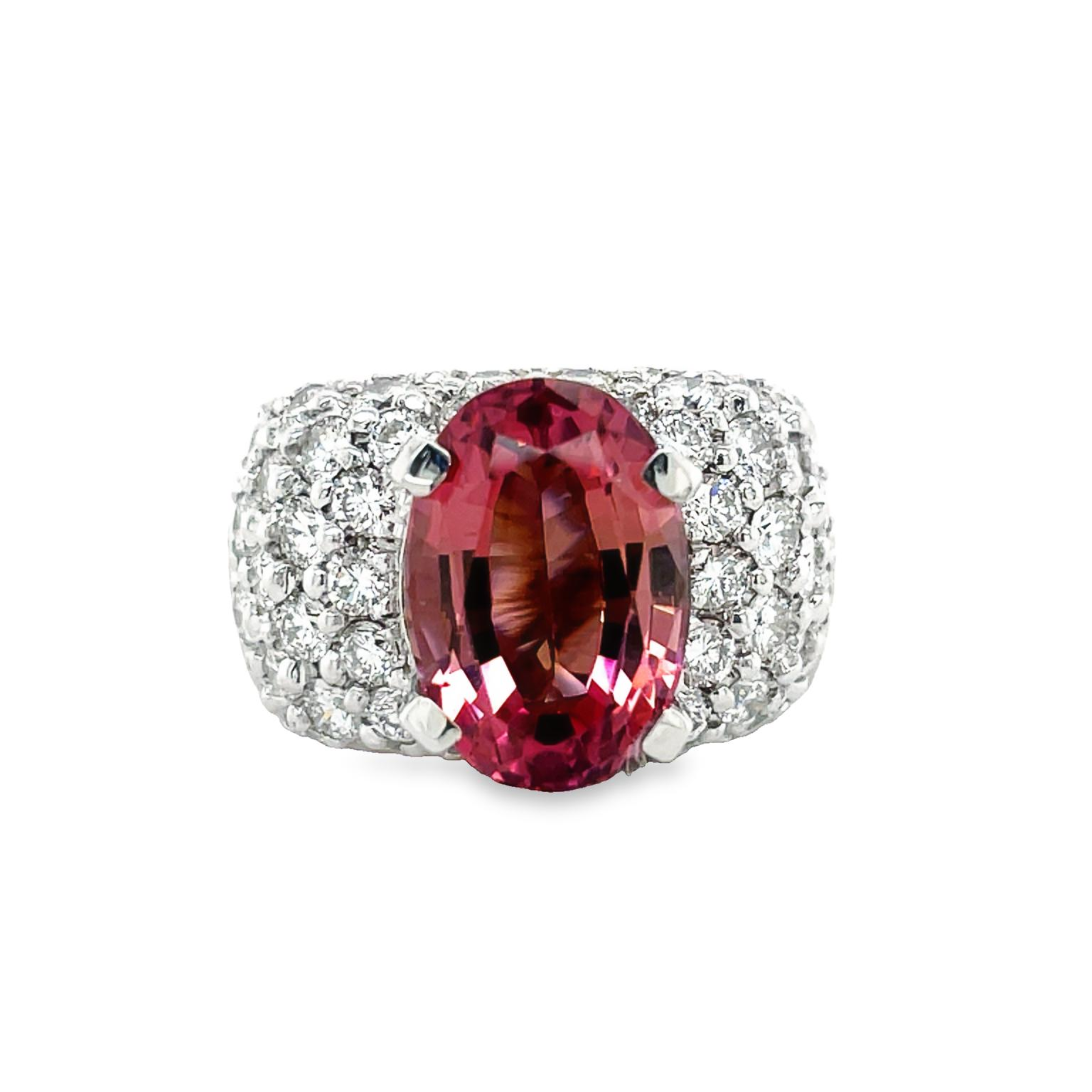 14k white gold  7.0 size (sizable)  Thick & wide ring   Faceted tourmaline 5.21 cts  Oval tourmaline measuring 12.80 mm   Round diamonds 2.00 cts  12.00 mm wide