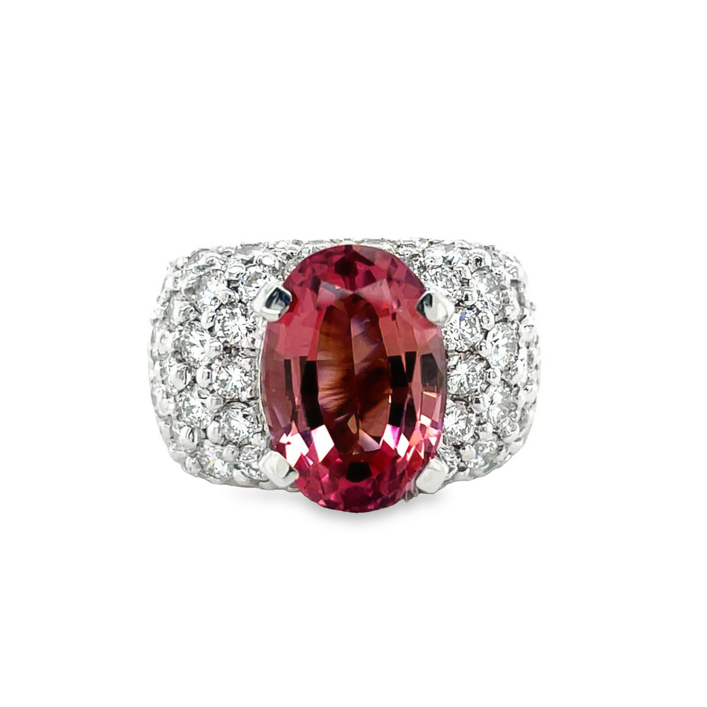 Oval Pink Tourmaline Wide Diamond Ring Front view