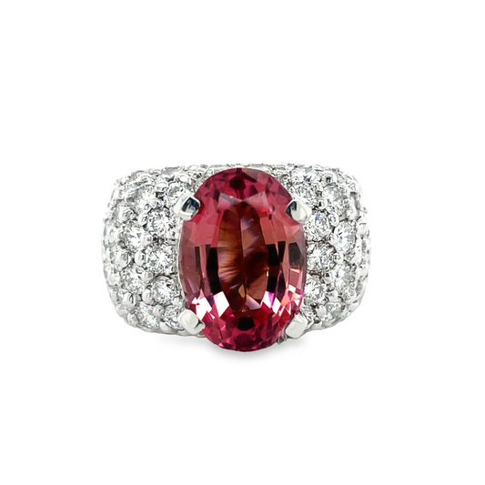 Oval Pink Tourmaline Wide Diamond Ring Front view