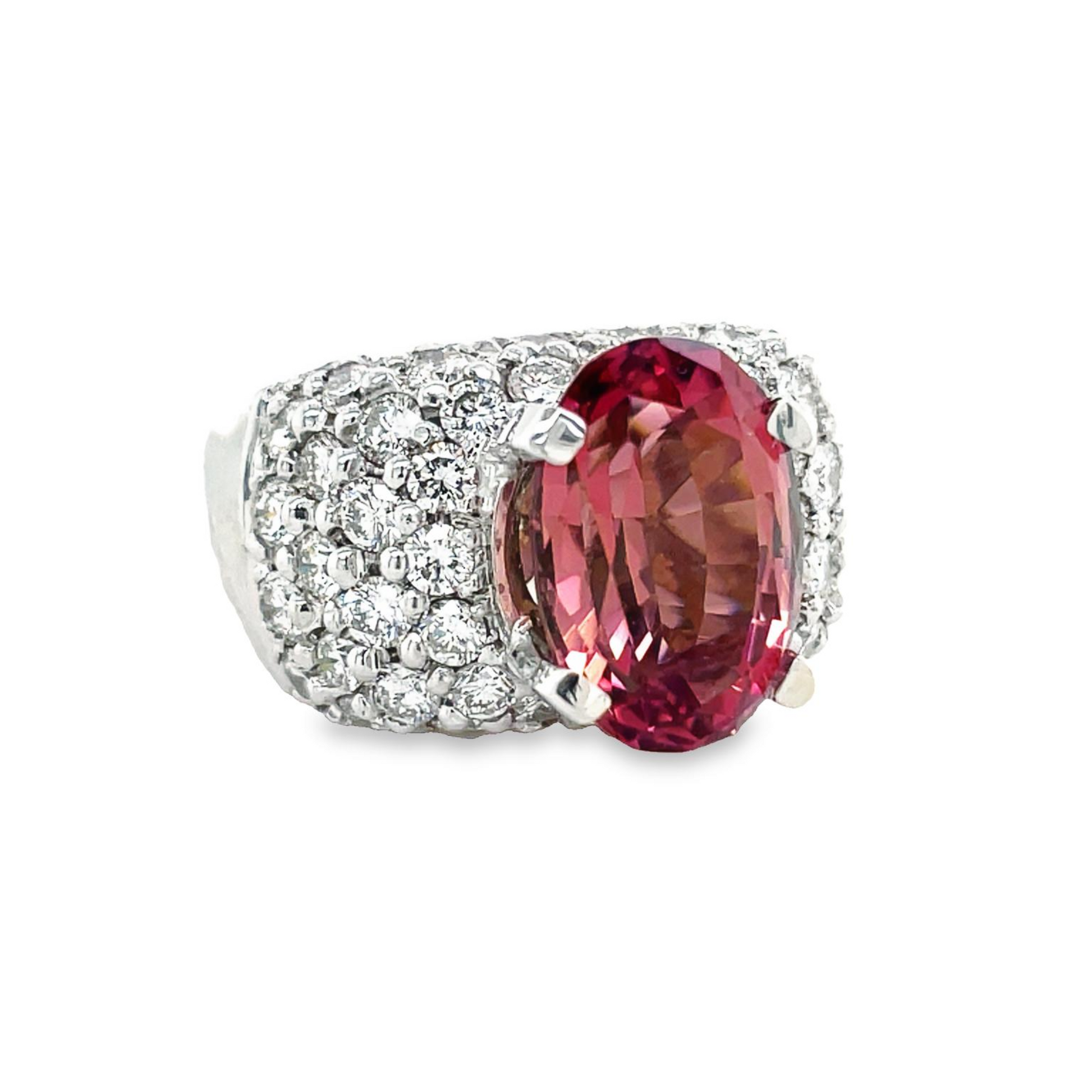 Oval Pink Tourmaline Wide Diamond Ring Side view