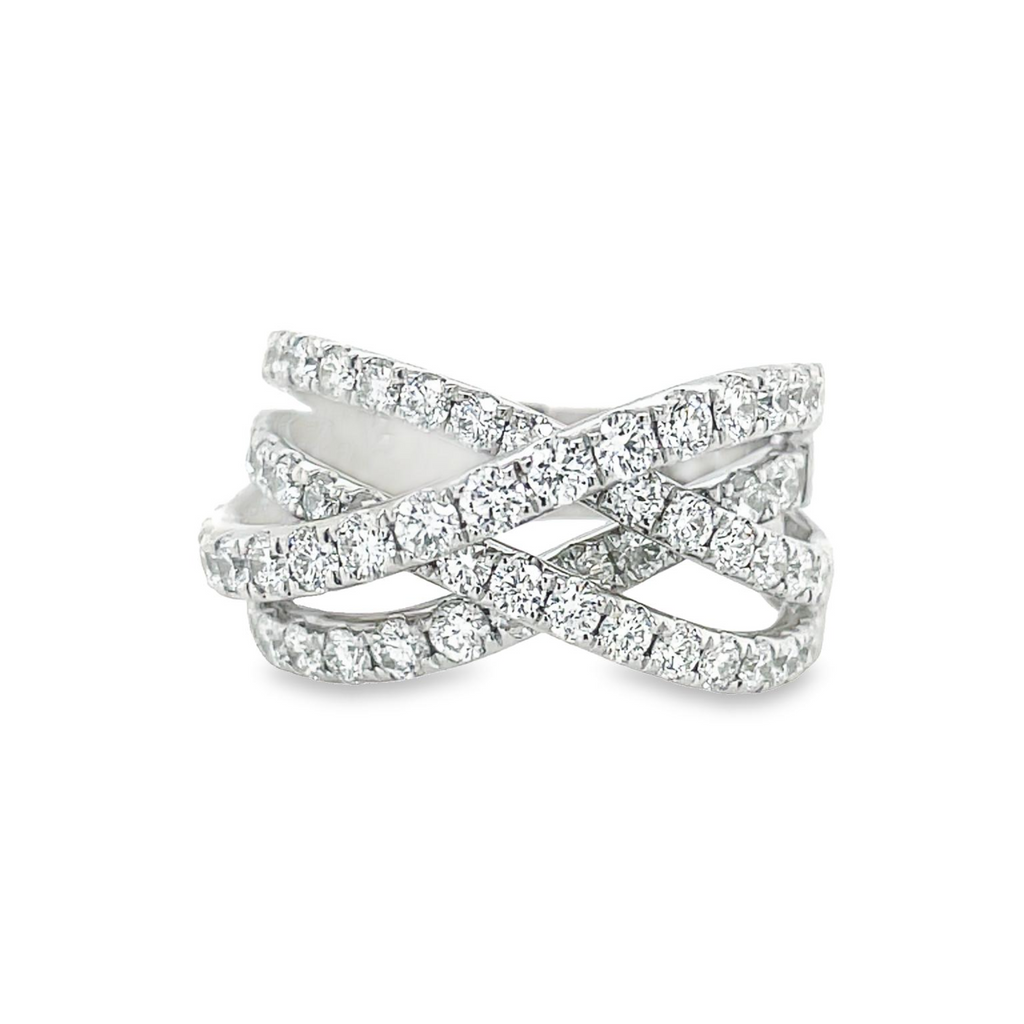 Set in 18k white gold  63 round diamonds 1.96 cts diamonds   11.50 mm wide  12.00 mm length  Color F/G  Four intertwined rows 