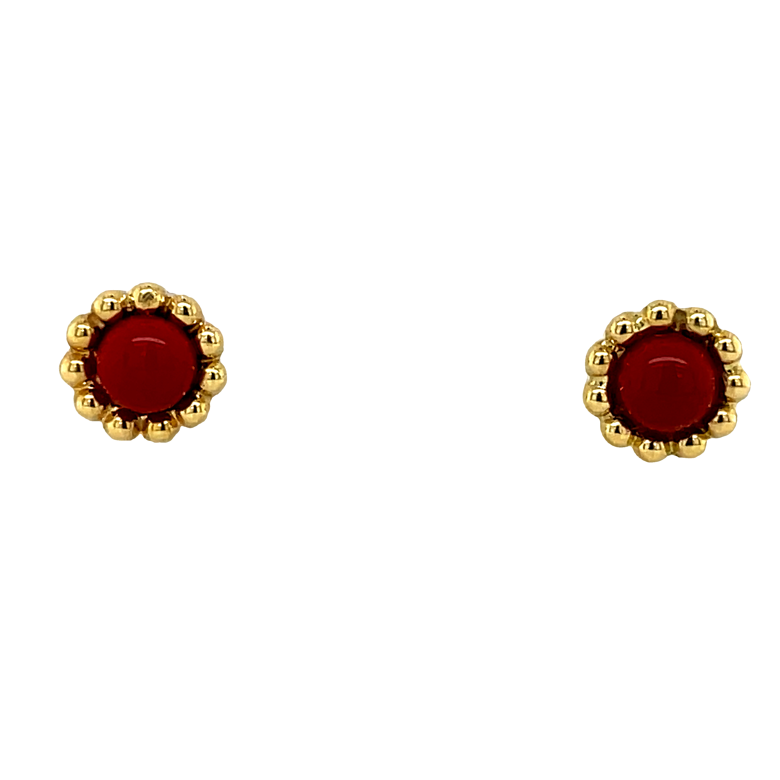  These baby earrings are crafted with 18k yellow gold and vibrant coral: a beautiful combination that will bring a cheerful glimmer to your little one's ears. Secured with screw backs for your peace of mind. A stunning keepsake that will bring fond memories.