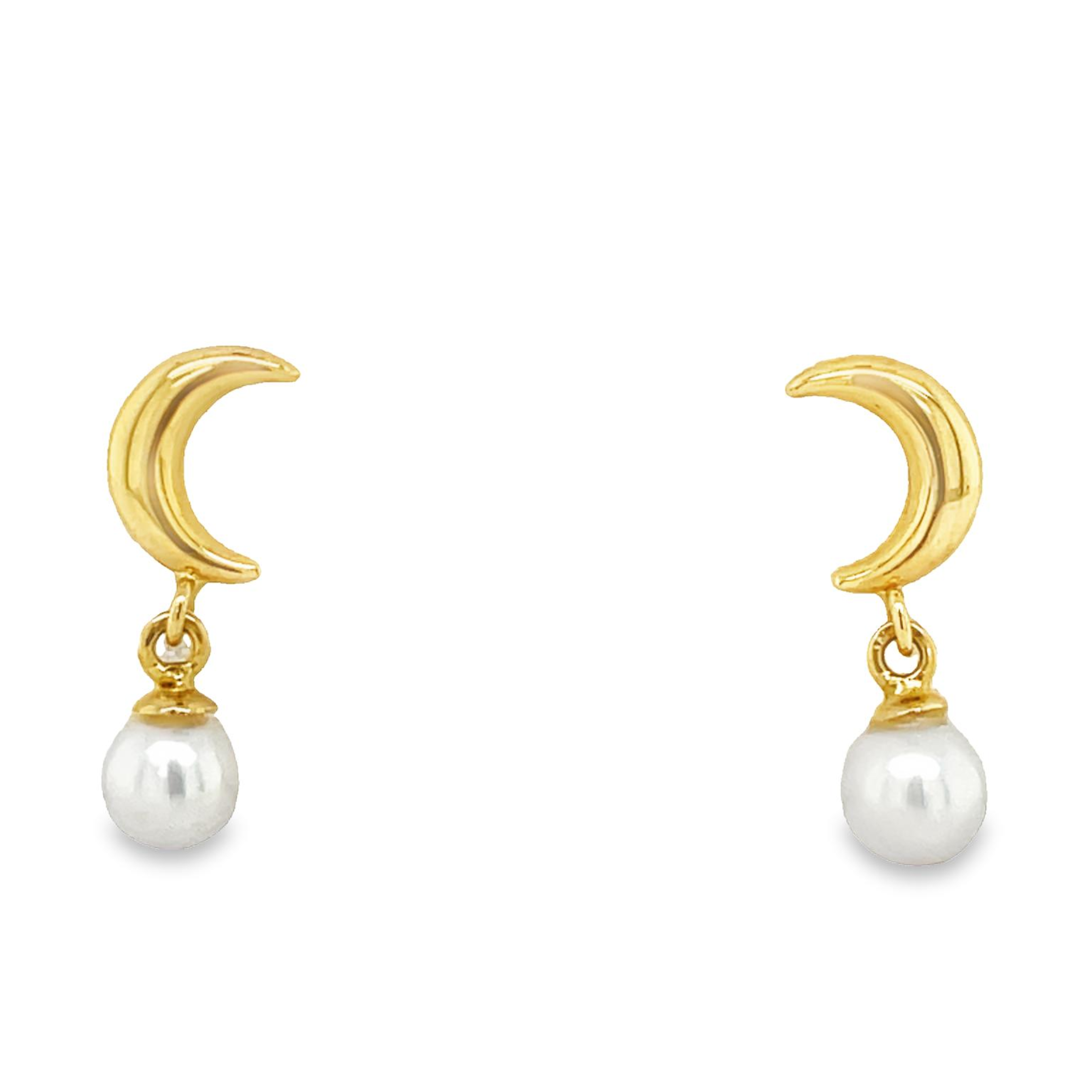 Securely crafted baby earrings in 14k yellow gold feature a crescent moon with a dangling pearl, perfect for any baby.
