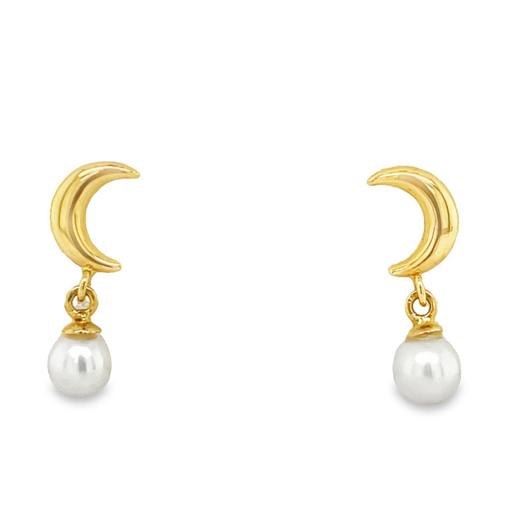 Securely crafted baby earrings in 14k yellow gold feature a crescent moon with a dangling pearl, perfect for any baby.