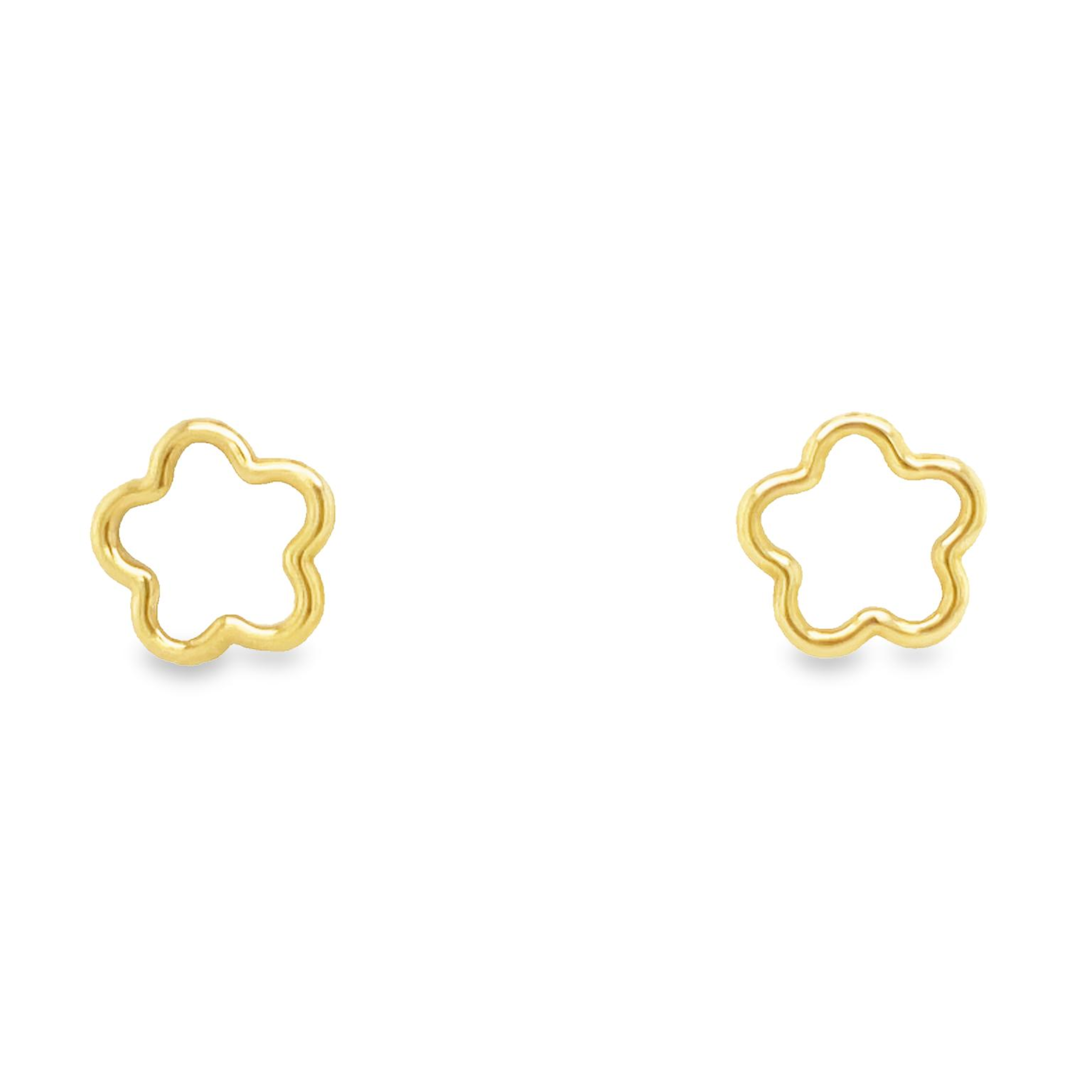 These exquisite flower earrings for babies feature 14k yellow gold construction with mother of pearl securely affixed using baby screw backs.