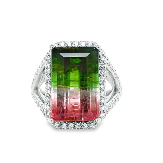 Watermelon Tourmaline & Diamond Cocktail Ring Front view 