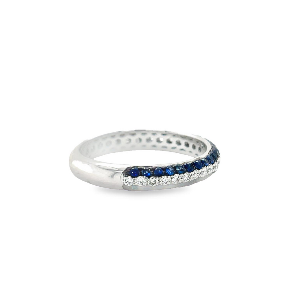 Stackable bands  Bright & bold colors set in sparking diamond pave mountings.  18k white gold.   3.50 mm width   Round diamonds 0.22 cts  6.5 size (sizeable)  0.46 cts sapphires