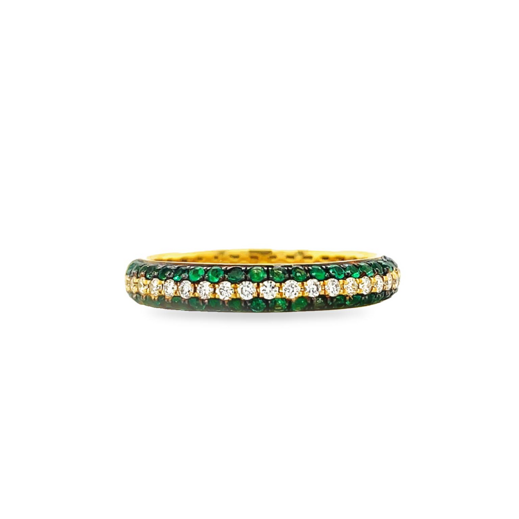 Stackable bands  Bright & bold colors set in sparking diamond pave mountings.  18k yellow gold.   3.50 mm width   Round diamonds 0.22 cts  6.5 size (sizeable)  0.22 cts emeralds