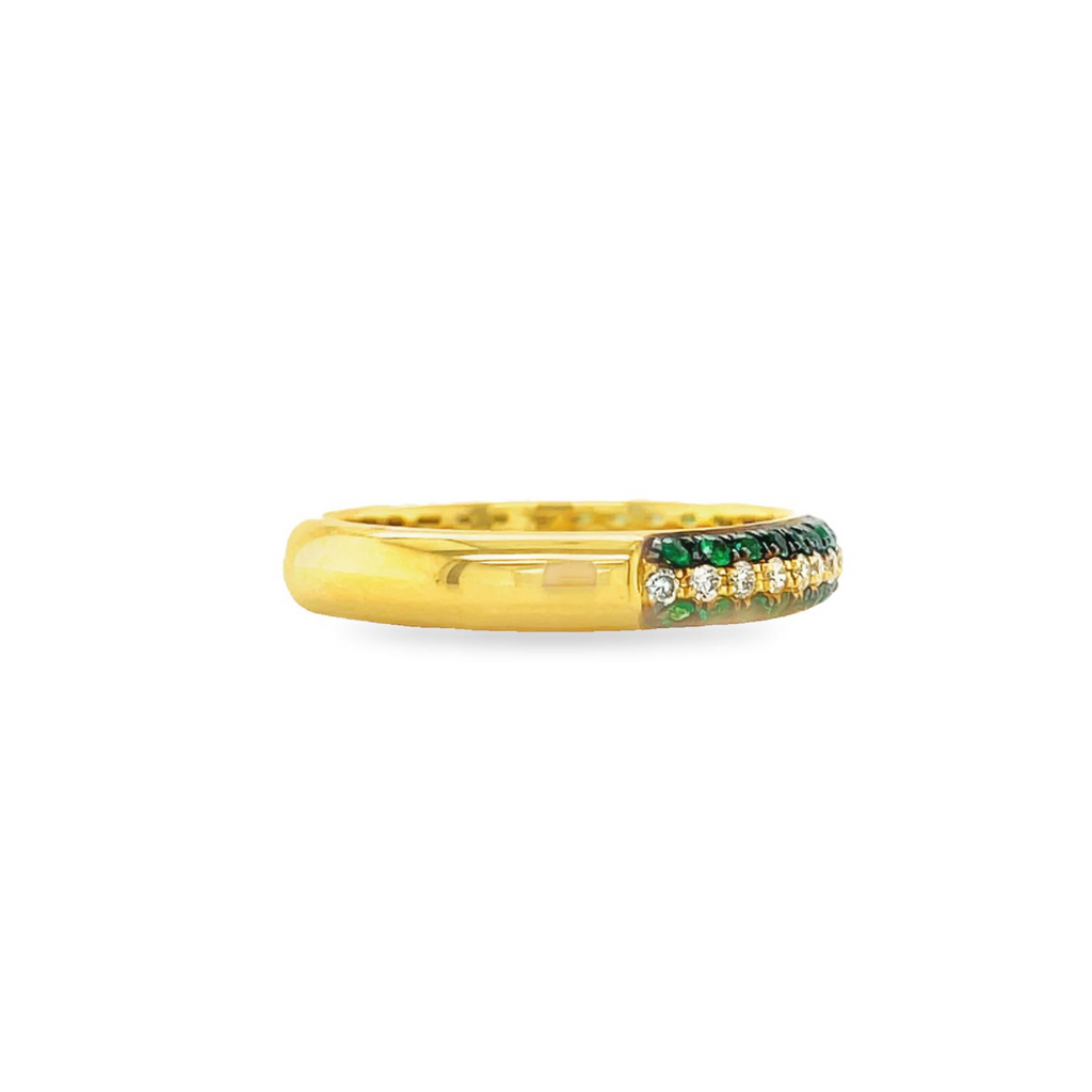 Stackable bands  Bright & bold colors set in sparking diamond pave mountings.  18k yellow gold.   3.50 mm width   Round diamonds 0.22 cts  6.5 size (sizeable)  0.22 cts emeralds