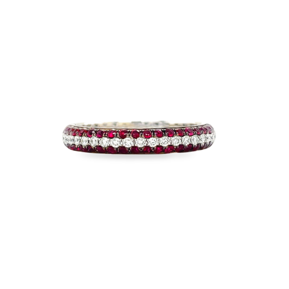 Stackable bands  Bright & bold colors set in sparking diamond pave mountings.  18k white gold.   3.50 mm width   Round diamonds 0.22 cts  6.5 size (sizeable)  0.49 cts rubies