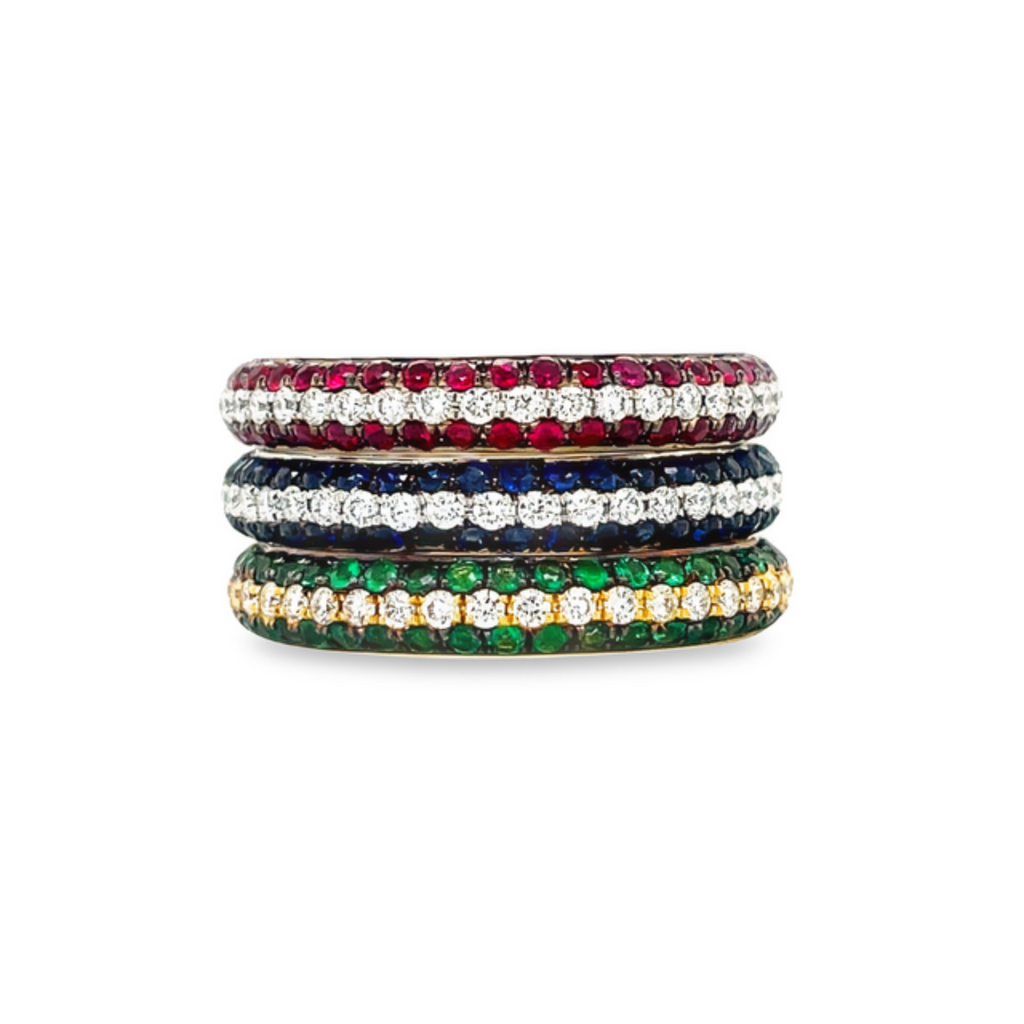 Stackable bands  Bright & bold colors set in sparking diamond pave mountings.  18k white gold.   3.50 mm width   Round diamonds 0.22 cts  6.5 size (sizeable)  0.49 cts rubies