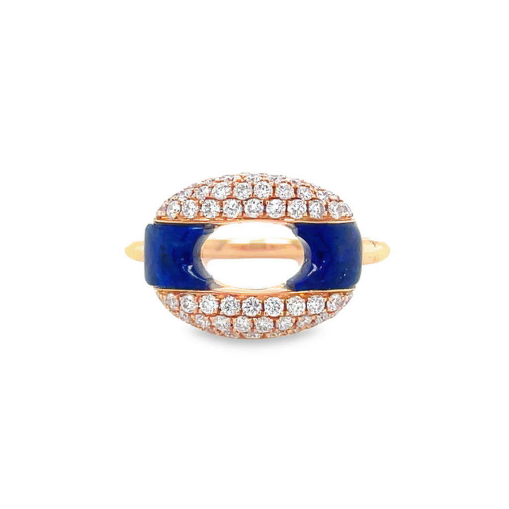 Contemporary design   Bright & bold colors set in sparking diamond pave mountings.  14k rose gold.   11.00 mm width   Round diamonds 0.61 cts  6.5 size (sizeable)  0.79 cts lapis lazuli gem