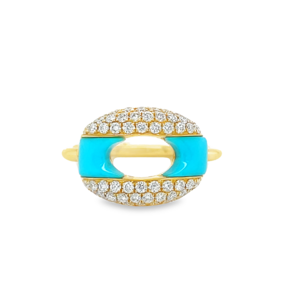 Contemporary design   Bright & bold colors set in sparking diamond pave mountings.  14k white gold.   11.00 mm width   Round diamonds 0.61 cts  6.5 size (sizeable)  0.73 cts turquoise gem