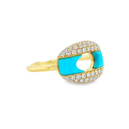 Contemporary design   Bright & bold colors set in sparking diamond pave mountings.  14k white gold.   11.00 mm width   Round diamonds 0.61 cts  6.5 size (sizeable)  0.73 cts turquoise gem