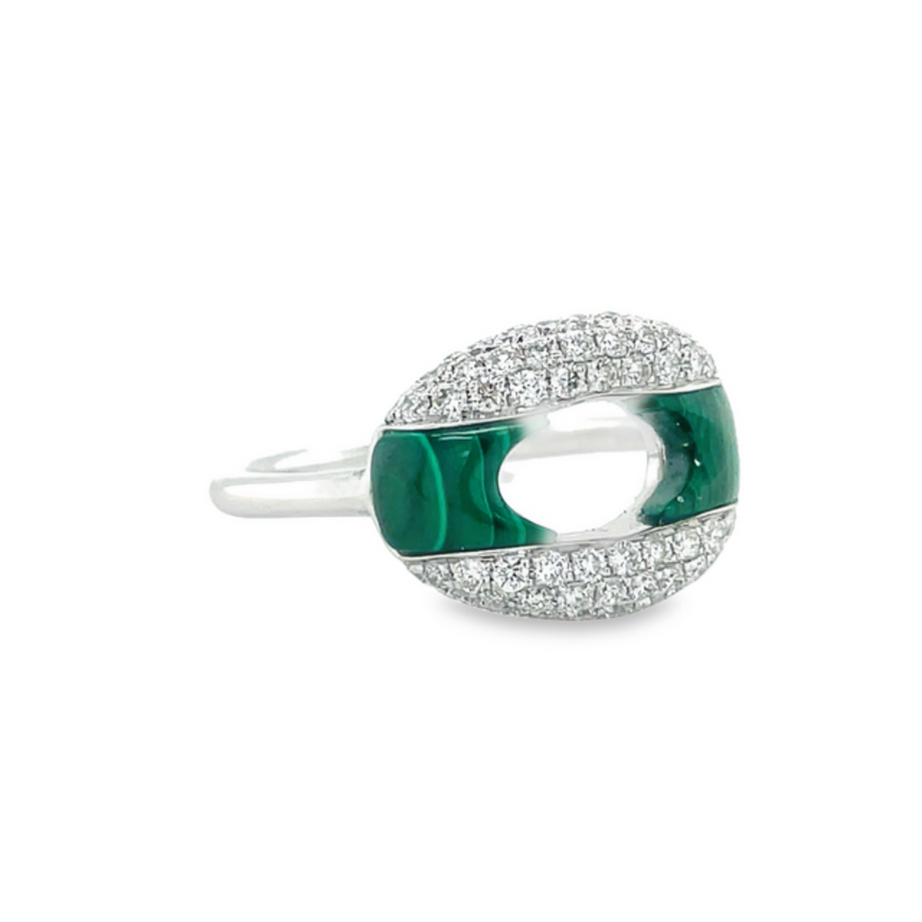 Contemporary design   Bright & bold colors set in sparking diamond pave mountings.  14k yellow gold.   11.00 mm width   Round diamonds 0.61 cts  6.5 size (sizeable)  0.74 cts malachite gem