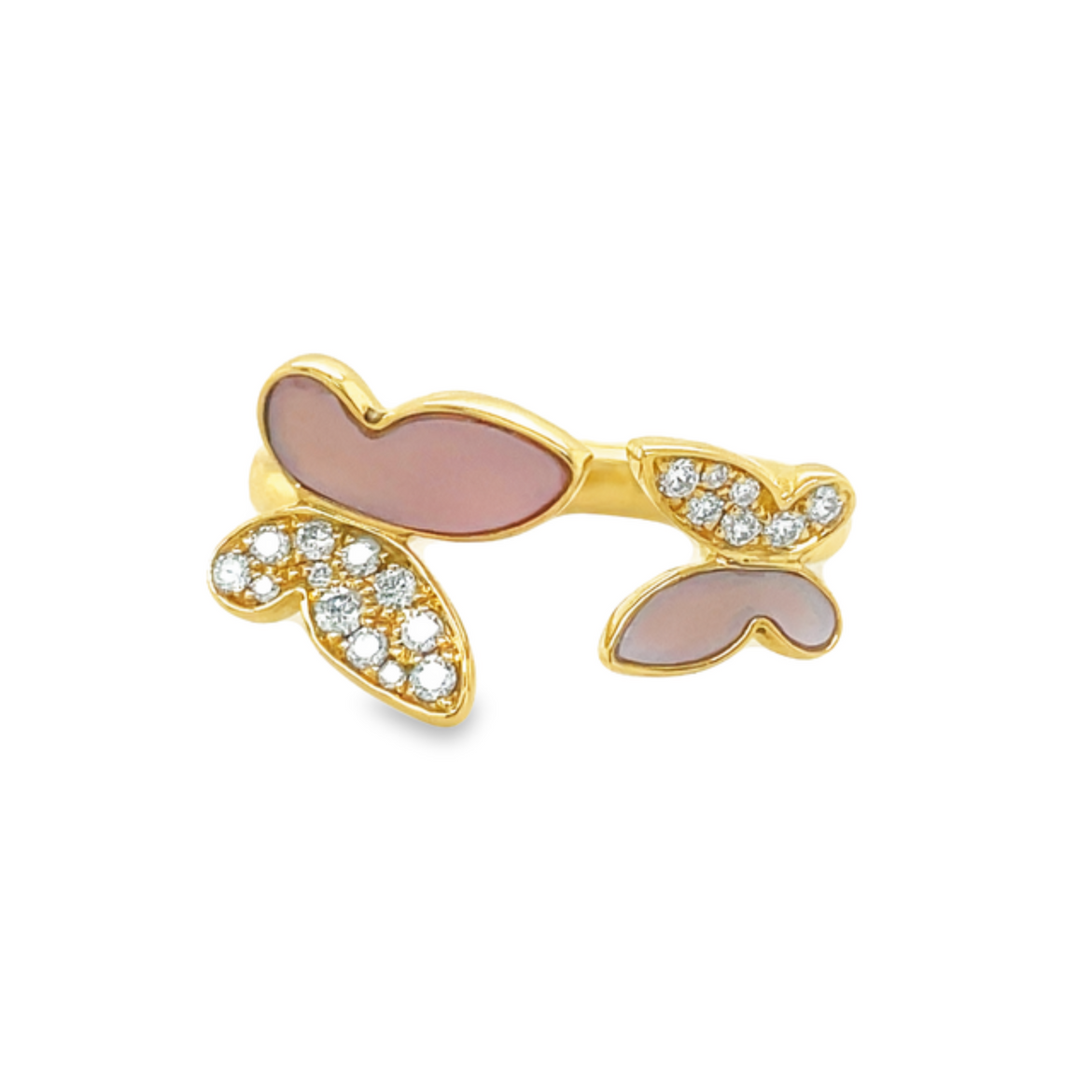 18kt yellow gold butterfly ring.  0.39 cts round diamonds   MOP  Open ring style  Large & medium butterflies   10.00 mm x 7.00 mm    High quality diamonds   Size 6 (sizeable)
