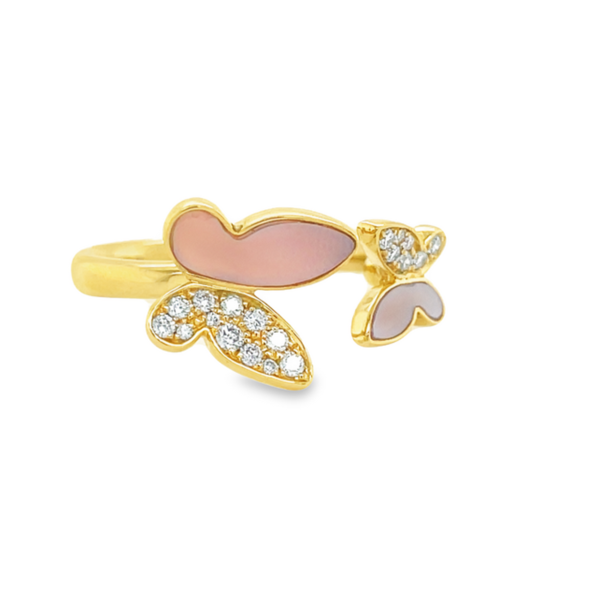 Side view of 18K MOP & Diamond Doble Open Butterfly Ring in Yellow Gold