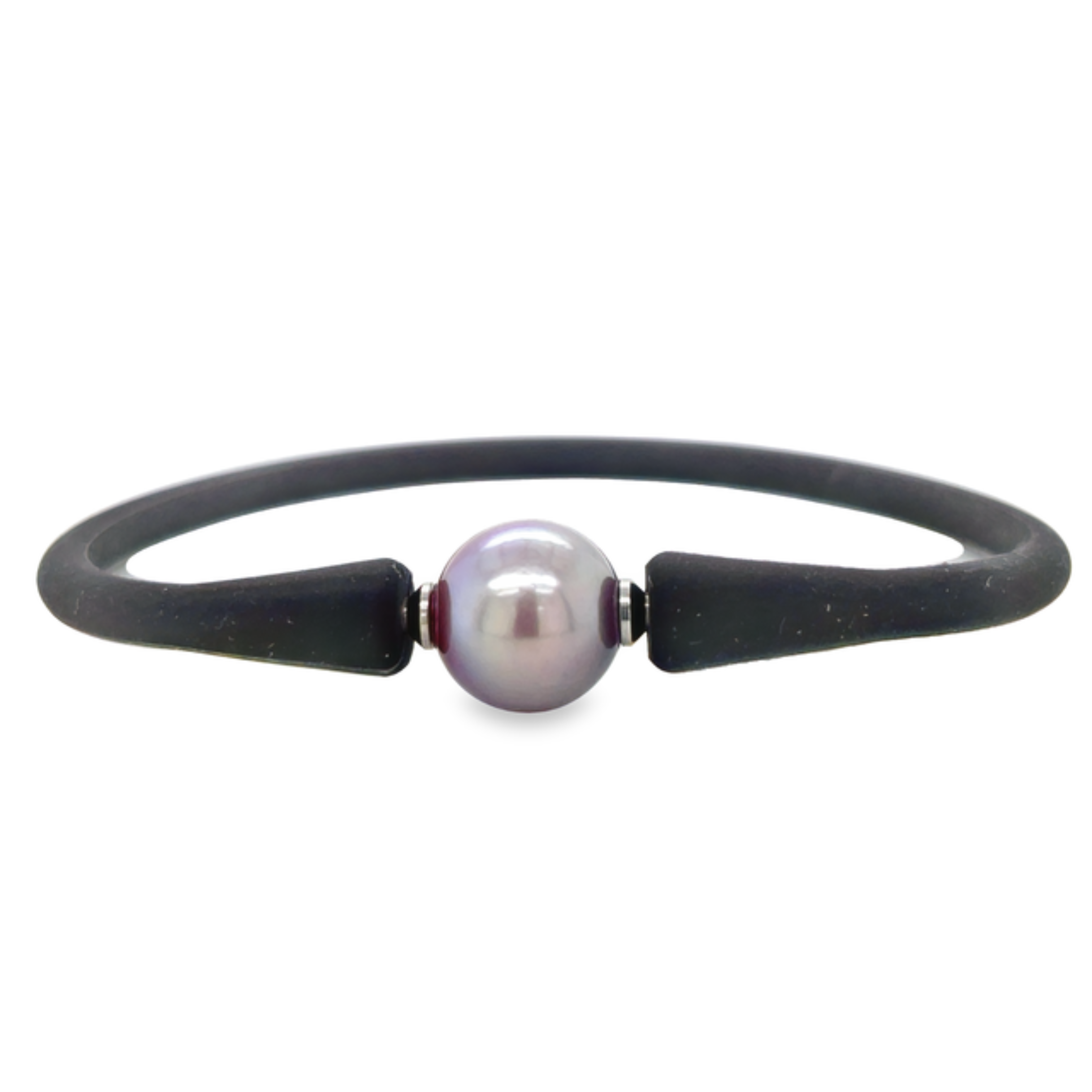 Edison pearls are freshwater pearl that are cultivated one pearl per mussel. This allows the mussel to direct all its attention at creating a single amazing pearl with South Sea pearl size.  Edison pearls are known for their intense, metallic luster & size.  11.30 mm  Purplish color  Black bracelet   Stretchable rubber bracelet   Stainless steel holders   Price per bracelet 
