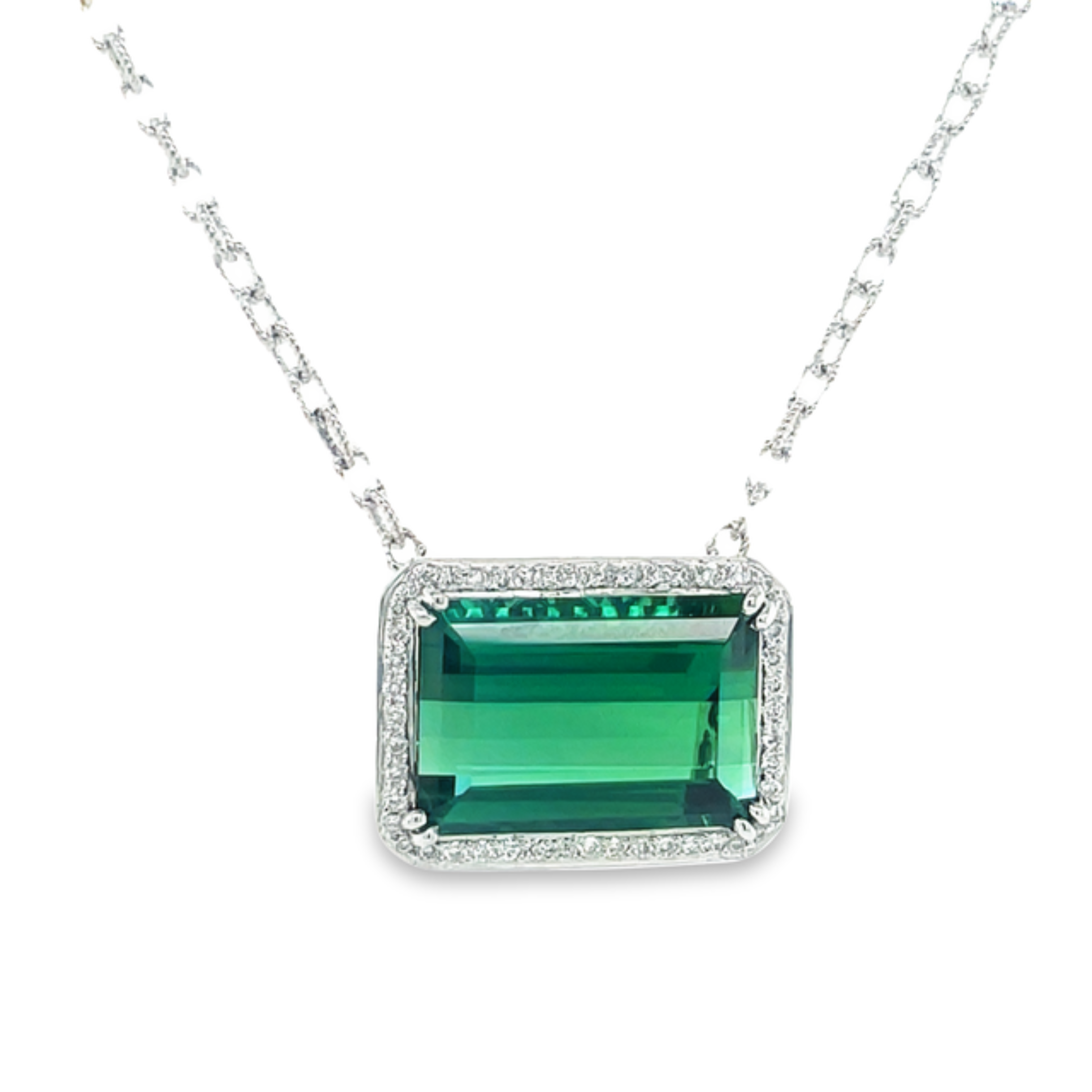 Emerald Cut Green Tourmaline Necklace   Brazilian gem  Perfect symmetry & cut   Diamonds 0.84 cts  Set in 18 white gold  22.00 x 16.00 mm size  White gold chain 18"  Secure lobster catch