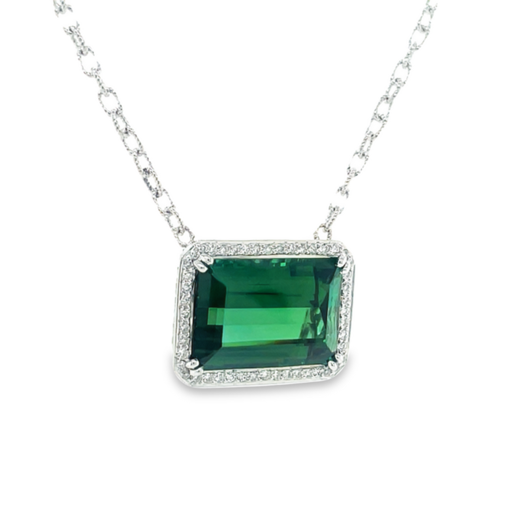 Emerald Cut Green Tourmaline Necklace   Brazilian gem  Perfect symmetry & cut   Diamonds 0.84 cts  Set in 18 white gold  22.00 x 16.00 mm size  White gold chain 18"  Secure lobster catch