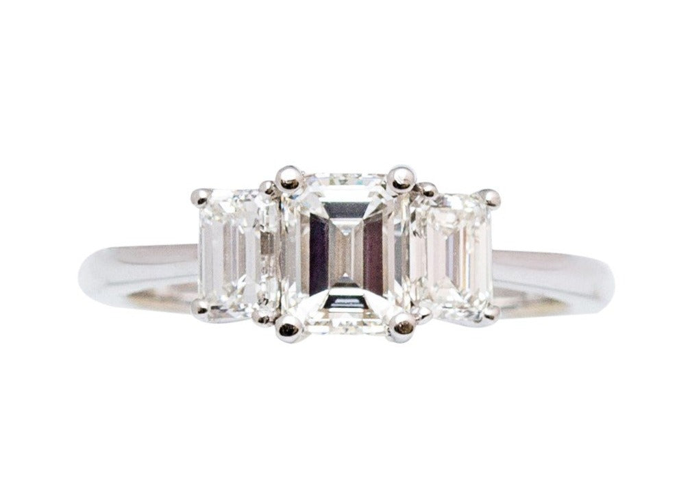 Custom made engagement ring 1.01 emerald cut center stone diamond Color I Clarity VS2 Two side emerald cut diamonds 0.80 cts  Set in platinum mounting 