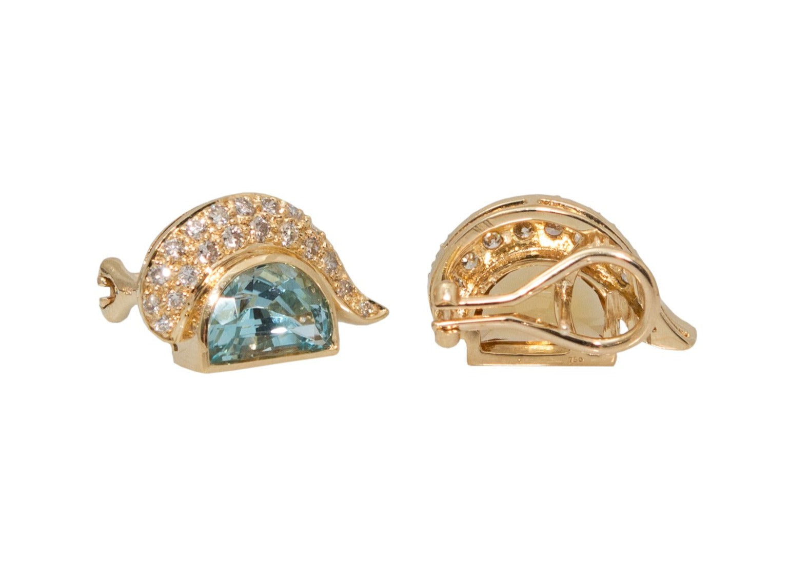 Crafted of dazzling 18k Yellow gold, this pair of earrings features 0.85 cts of diamonds, a half-moon shaped blue topaz, and a half-moon shaped citrine, all set in a 3/4" long, 1/2" wide mounting. Secured with an Omega clasp, these earrings are made in Italy.