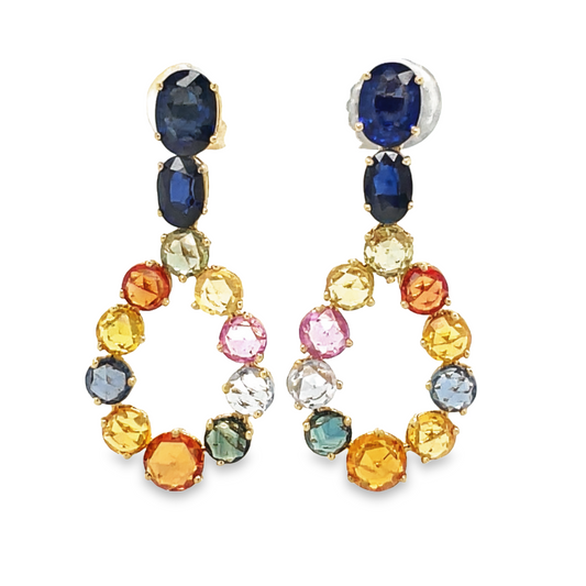 Front view of 14k Yellow Gold Multicolor Sapphire Drop Earrings