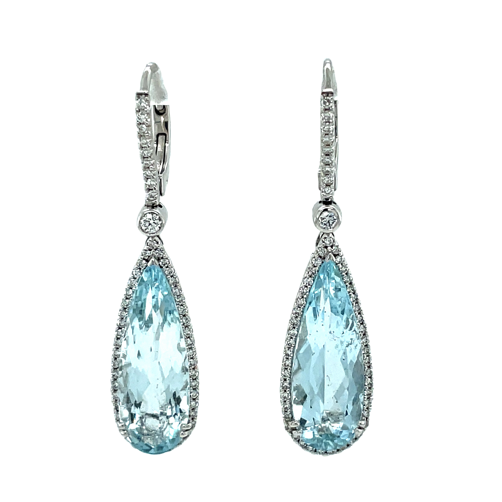 Italian Aquamarine & Diamond Pear Shape Earrings Front view 