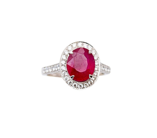 Front view of 18k White Gold Oval Faceted Ruby & Diamond Ring