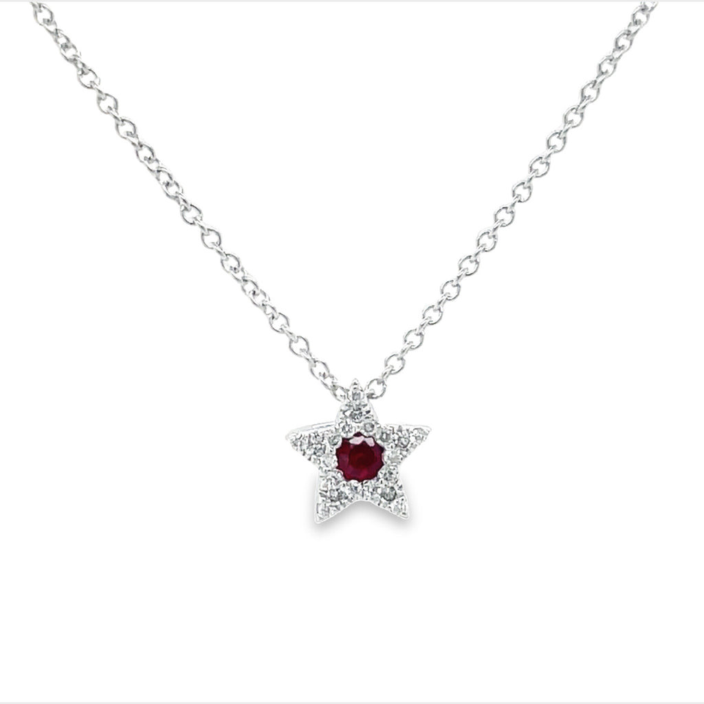 This radiant necklace features a stunning pendant crafted from 18K white gold. Add to the splendor with dazzling round diamonds totaling 0.15 carats, perfectly complemented by the saturated, shimmering round ruby of 0.10 carats, Color F/G and 9.00 mm in size, it hangs gracefully from a 16" white gold chain.
