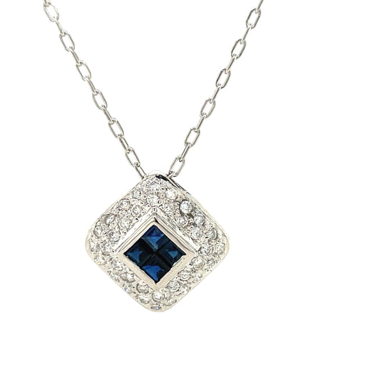 Front view of 14k White Gold Diamond & Princess Cut Sapphire Tilted Pendant Necklace