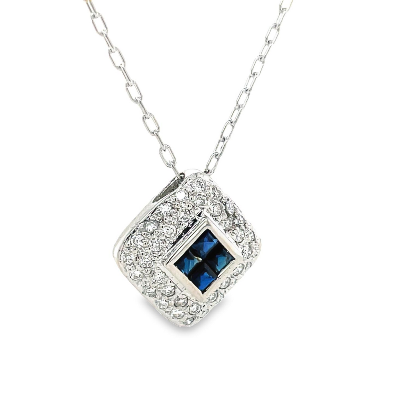 Side view of 14k White Gold Diamond & Princess Cut Sapphire Tilted Pendant Necklace