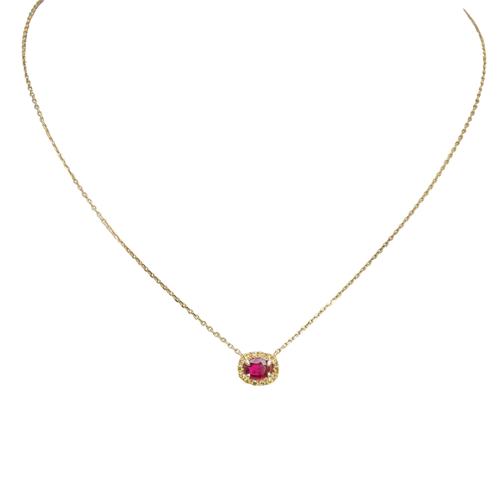 14k yellow gold necklace. One oval ruby 0.60 cts and 14 round diamonds 0.13cts, 8.60x 7.50 mm with 18" long chain. Secure lobster clasp, sizing loop at 16" 