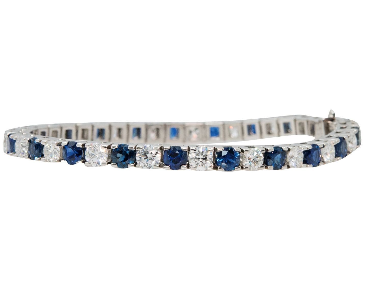 Front view of fastened 14k White Gold Sapphire & Diamond Line Bracelet