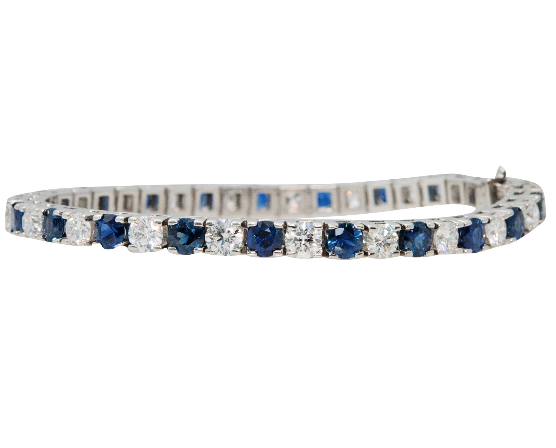 Front view of fastened 14k White Gold Sapphire & Diamond Line Bracelet