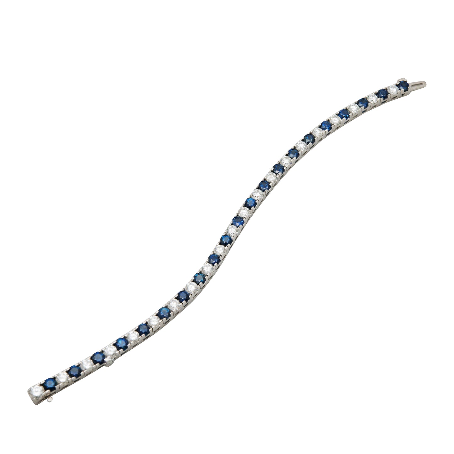 Top view of unfastened 14k White Gold Sapphire & Diamond Line Bracelet
