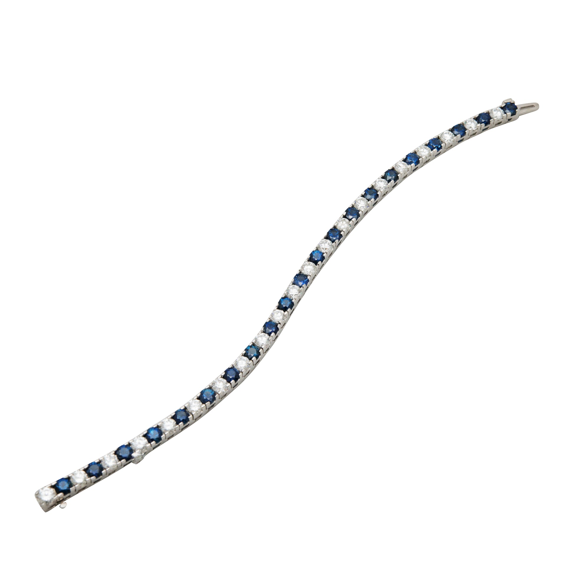 Top view of unfastened 14k White Gold Sapphire & Diamond Line Bracelet