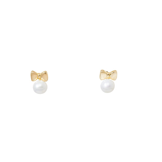 Front view of 14k Yellow Gold Bow Pearl Children Earrings
