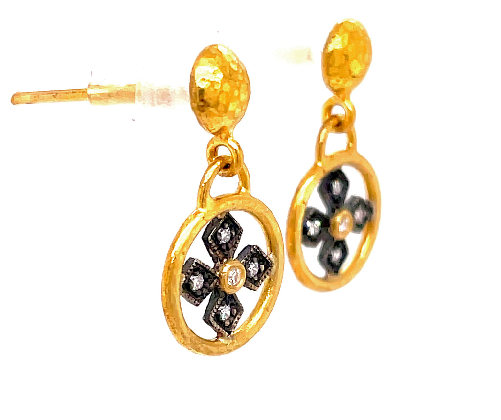 Circular coins with ornate Byzantine crosses adorn these earrings accompanied by petite round diamonds. Each piece is crafted by hand in Turkey with 24k gold and oxidized sterling silver, featuring a matte finish.